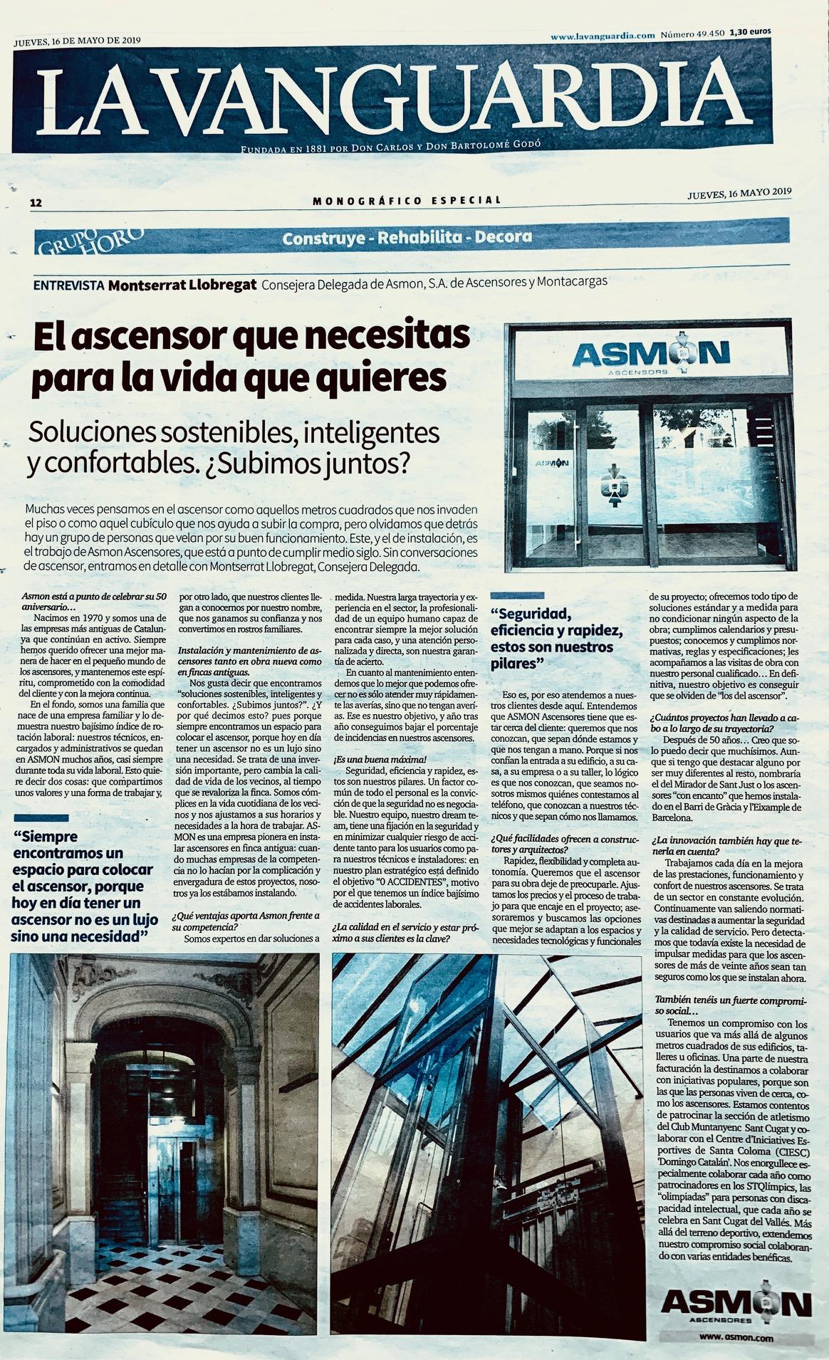 Entrevista en La Vanguardia a Montserrat Llobregat, Consejera Delegada de ASMON, S.A.